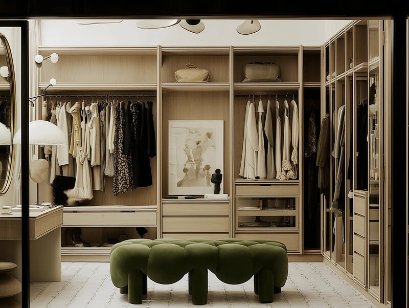 这间优雅现代的更衣室兼具美观与实用性,配备木质橱柜、众多搁架、抽屉和挂衣空间,所有物品都井然有序。一张绿色软垫长凳成为视觉焦点,增添了色彩和舒适感。柔和的灯光、一面大镜子以及壁龛中的艺术品,共同营造出完美的氛围。