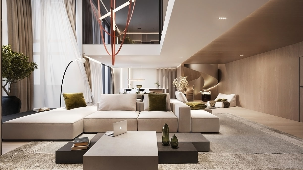 Na zdjęciu znajduje się elegancki, nowoczesny salon z otwartym planem, który łączy przestrzeń wypoczynkową z jadalnią. Dominującym elementem jest duża, beżowa sofa z zielonymi poduszkami, ustawiona przy stylowym stoliku kawowym, na którym leżą książki i laptop. W tle widoczny jest stół jadalniany oraz spiralne schody prowadzące na górę, obok których stoi jasny fotel z zielonym kocem. Wnętrze jest jasne dzięki dużym oknom z delikatnymi zasłonami, a całość dopełniają rośliny doniczkowe, minimalistyczne meble i designerskie oświetlenie, tworząc przytulną i wyrafinowaną atmosferę.