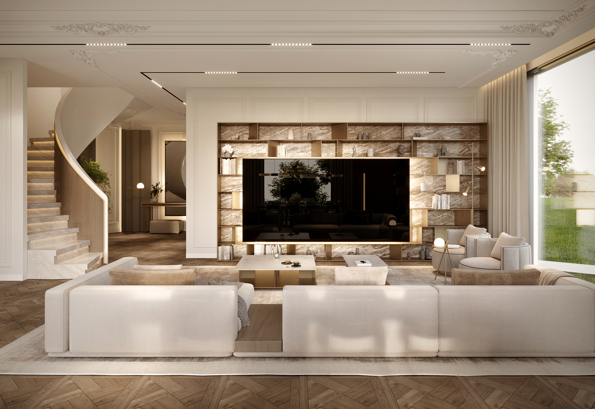 Na zdjęciu widzimy elegancki salon urządzony w stylu modern classic, gdzie jasna kolorystyka – biele, beże i szarości – tworzy harmonijną, spokojną atmosferę. Centralnym punktem wnętrza jest efektowna ściana telewizyjna z podświetlaną zabudową, która przyciąga wzrok i nadaje przestrzeni luksusowego charakteru. Przestrzeń wypoczynkowa składa się z dużej sofy modułowej oraz dwóch stylowych foteli, ustawionych wokół nowoczesnego stolika kawowego. Całość uzupełniają eleganckie, kręcone schody oraz drewniana podłoga. Dzięki dużym przeszkleniom wnętrze jest pełne naturalnego światła, a subtelne oświetlenie sufitowe i ścienne dopełnia klimat wyrafinowanej elegancji.